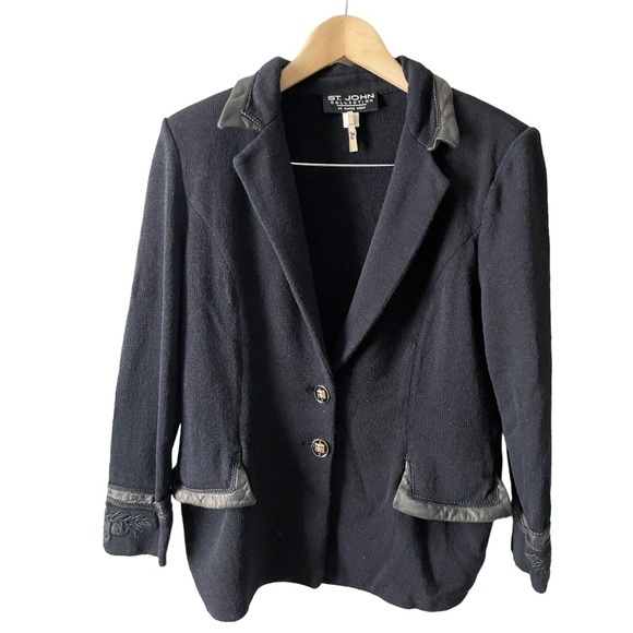 ST. JOHN Collection Knit Black Blazer Leather Trim Size 10 - Picture 1 of 17